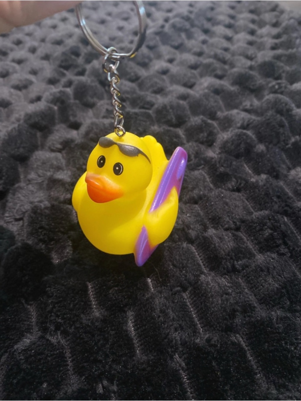 Yellow Rubber Duck Keychain with Purple Surfboard Accent
